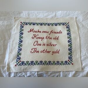 Vintage Finished Cross Stitch Sampler On Linen | Friends Gold Silver